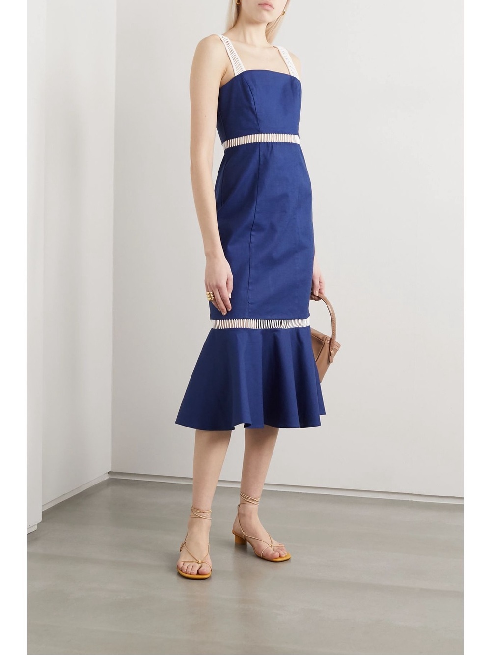 STAUD Lychee Crochet Paneled Linen Blend Midi Dress in Blue Size 0 VGUC